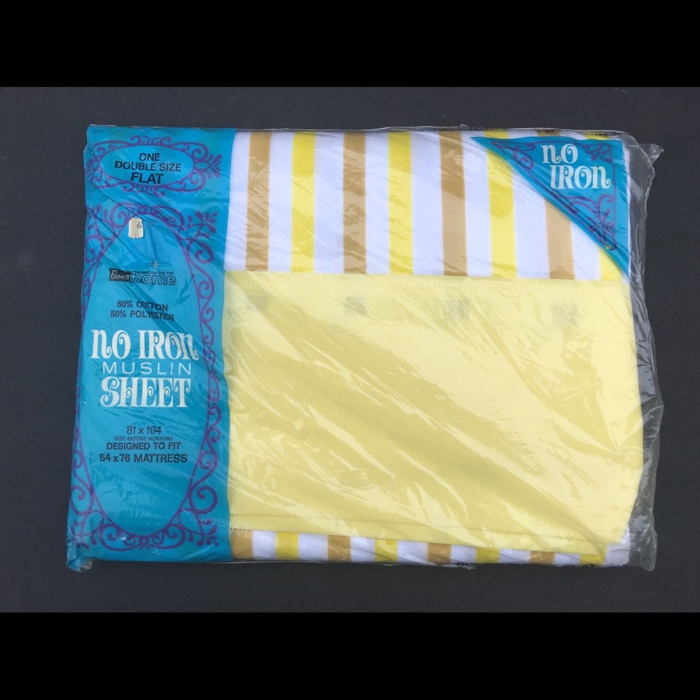Vintage Full Flat Sheet Double Grants Muslin Striped Mod Yellow Gold White New